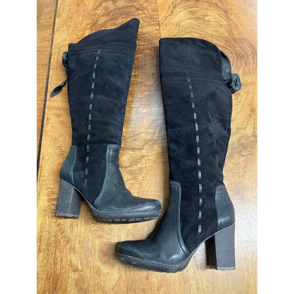 Naya Narubi Women's 7 Black Over the Knee Fold Down Suede Leather Boots Heeled - Picture 2 of 8